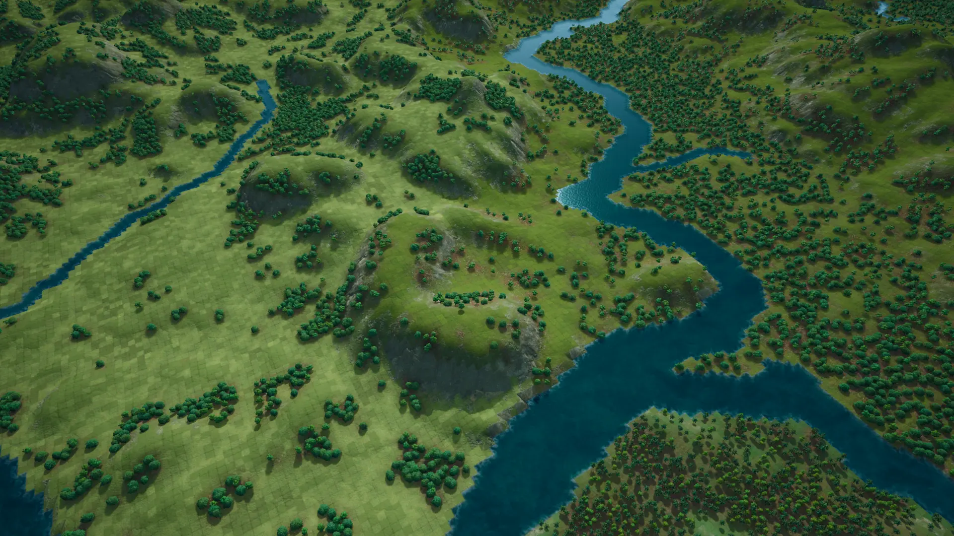 The varied landscape of a County of Fortune map with rivers and forests