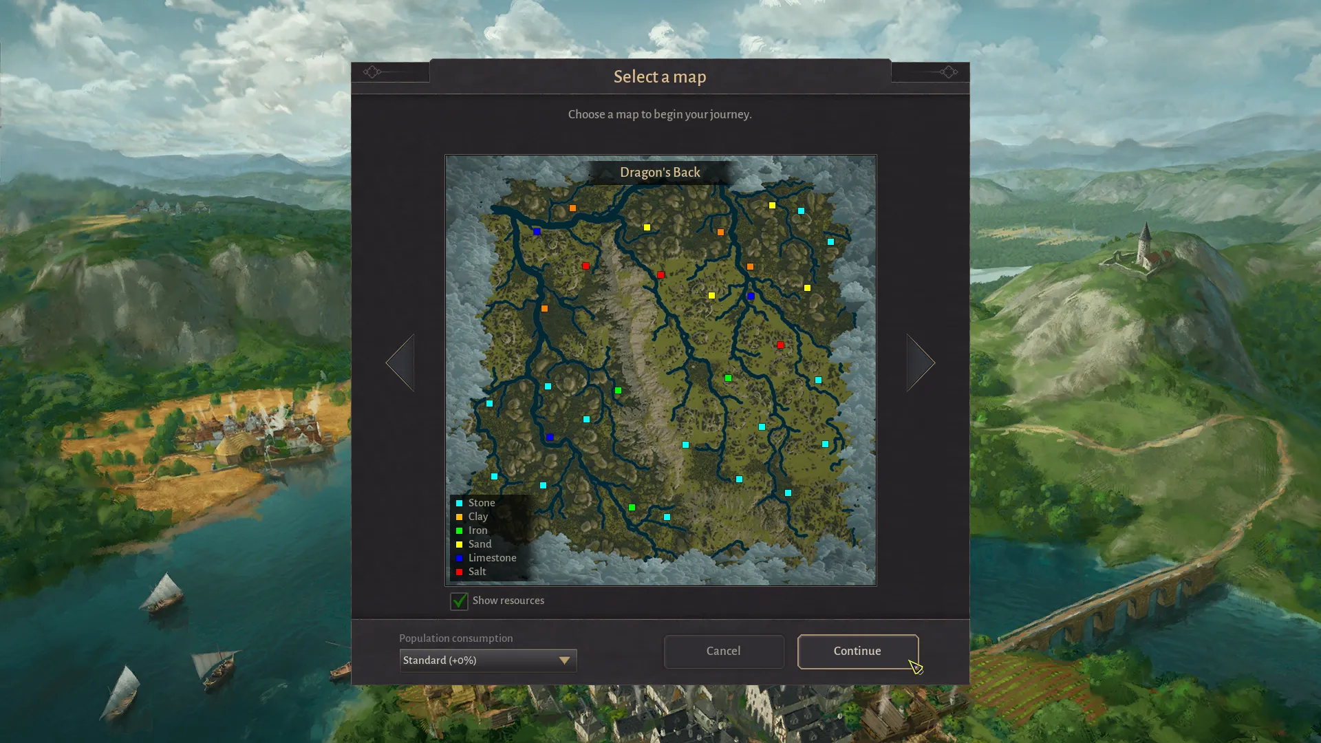 County of Fortune map selection screen showing the Dragon’s Back map and resource deposits