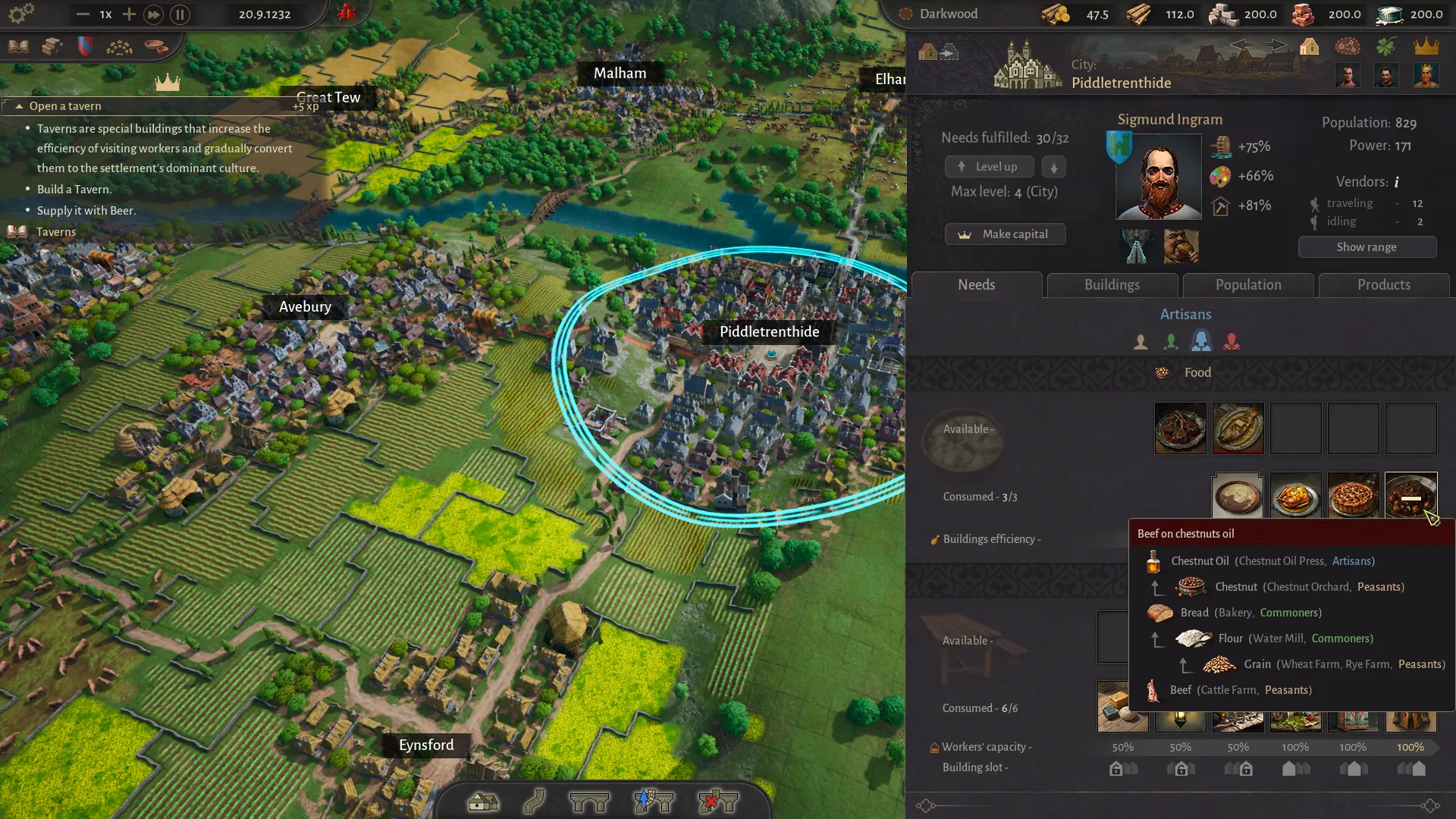 A developed county in County of Fortune with farms and a large town