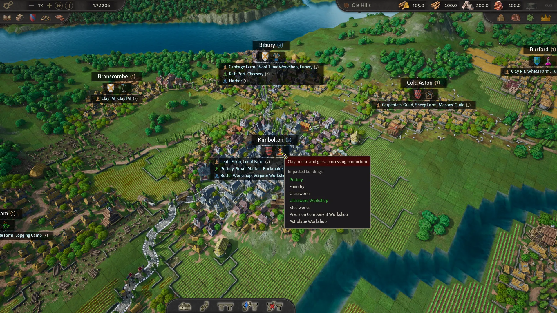 County of Fortune building tooltips showing a pottery, foundry and glassworks