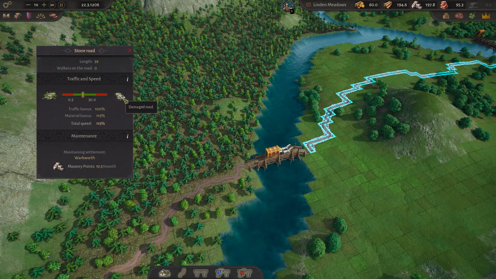 A stone road and bridge crossing a river in County of Fortune